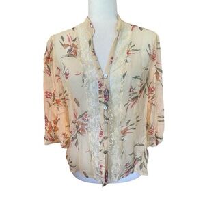Tess Womens Vintage Yellow Floral 100% Silk Sheer Blouse